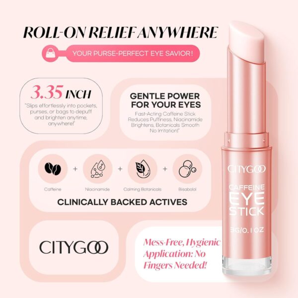 CITYGOO Caffeine Eye Cream Stick: Anti-Aging Firming & Dark Circles Moisturizing Balm for Puffiness & Eye Bags - Travel-friendly for Women (Caffeine Pink 3g)